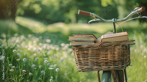 Books in basket of bicycle bike in fields in summertime educational retro concept
