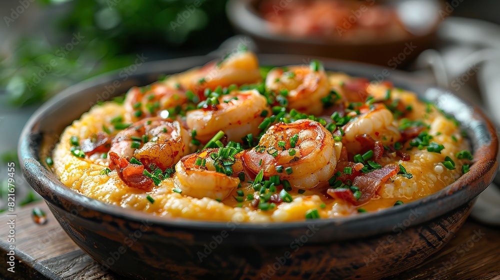A dish of shrimp and grits with bacon. A dish of shrimp and grits with bacon.