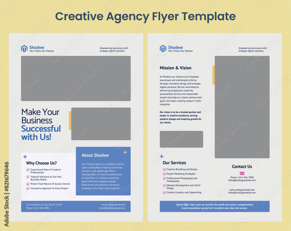 Naklejka premium Creative Business Flyer Template, Double Side Flyer for Advertisement, Sale, and Business Promotion. Graphic organization paper vector set 