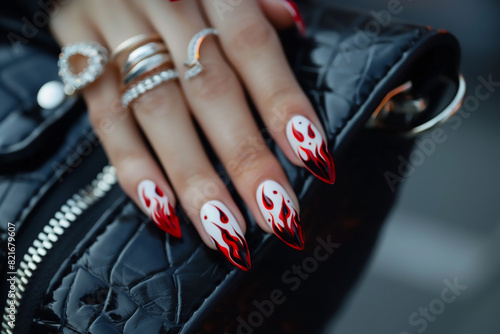 Woman's beautiful hand with long nails and bright  manicure with bottles of nail polish photo