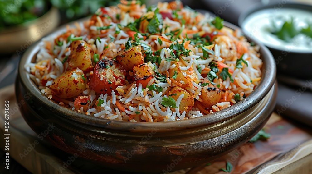 A dish of vegetable biryani with raita.