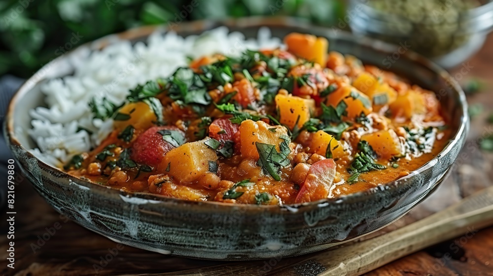 A dish of vegetable curry with jasmine rice. A dish of vegetable curry with jasmine rice.
