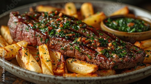 A dish of steak frites with garlic butter.