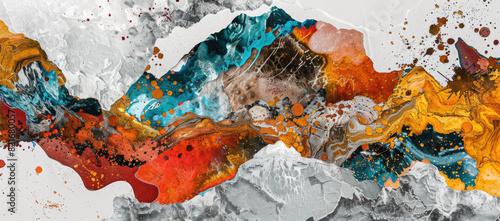 Abstract artwork of mountains in the style of fluid acrylic paint and ink on a white background photo