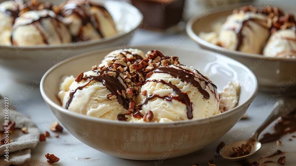A photo of a bowl of homemade vanilla ice cream topped with a warm chocolate fudge sauce and a sprinkle of chopped nuts. A photo of a bowl of homemade vanilla ice cream topped with a warm chocolate fudge sauce and a sprinkle of chopped nuts.