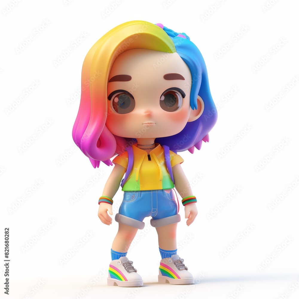 Cute 3D cartoon kid character with colorful rainbow hair, wearing a hoodie, shorts, and a backpack, standing confidently. Cute 3D cartoon kid character with colorful rainbow hair, wearing a hoodie, shorts, and a backpack, standing confidently.