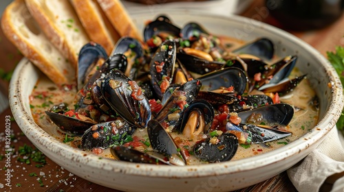 A photo of a bowl of steaming mussels in a white wine and garlic sauce, accompanied by crusty bread for dipping.