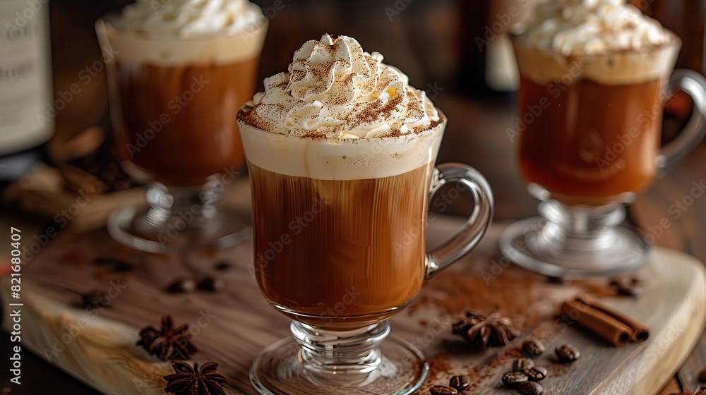 A photo of a classic Irish coffee with hot coffee, Irish whiskey, sugar, and a dollop of whipped cream on top. A photo of a classic Irish coffee with hot coffee, Irish whiskey, sugar, and a dollop of whipped cream on top.
