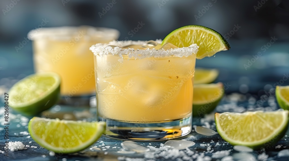 A photo of a classic Margarita cocktail made with tequila, lime juice, and orange liqueur, served in a salt-rimmed glass. A photo of a classic Margarita cocktail made with tequila, lime juice, and orange liqueur, served in a salt-rimmed glass.
