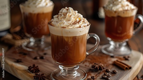 A photo of a classic Irish coffee with hot coffee, Irish whiskey, sugar, and a dollop of whipped cream on top.