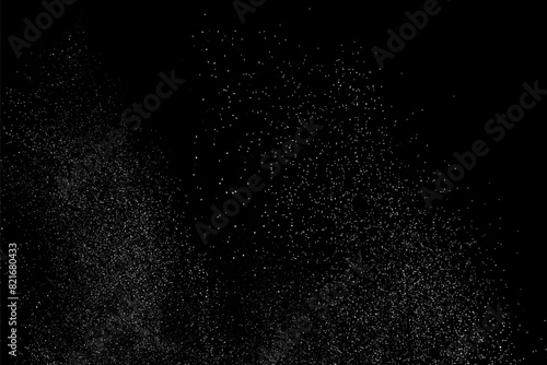 White distress overlay texture. Light pattern on black background. Abstract surface dust and noise. Textile texture. Vector illustration, EPS 10.