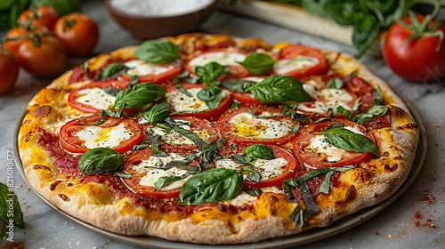 A photo of a classic Margherita pizza with a fresh mozzarella base, topped with sliced tomatoes, basil leaves, and a drizzle of olive oil.