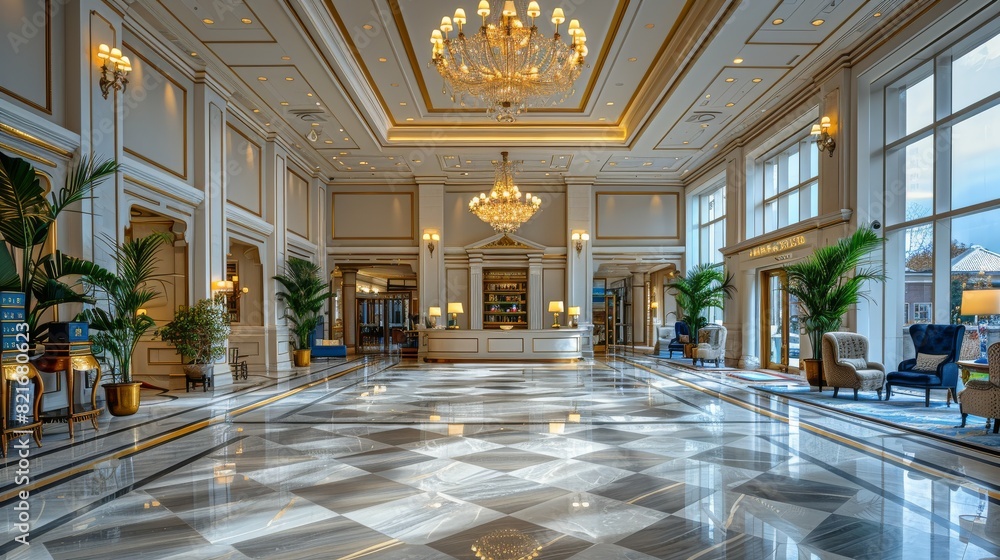 Obraz premium Grand Lobby With Chandeliers and Checkered Floor