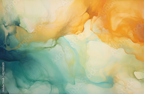 A painting of a green and yellow swirl with a blue background. The painting has a feeling of movement and energy
