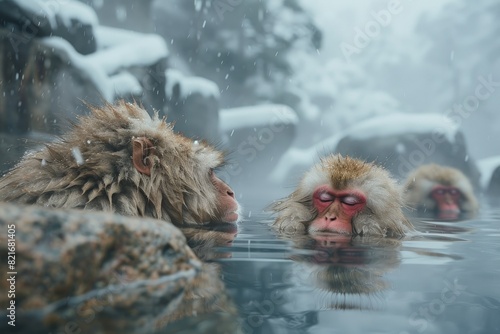 a couple of monkeys are in the water photo