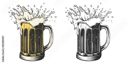 Two glasses of beer creating splash and drops. Vintage vector engraving illustration for web, poster, invitation to party. Hand drawn design element isolated on white background.