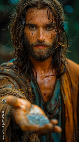 Closeup of Jesus Christ Extending Hand in Compassionate Gesture with Blurred Background Reflecting Help and Salvation at Dusk  Emotional and Mystical Theme
