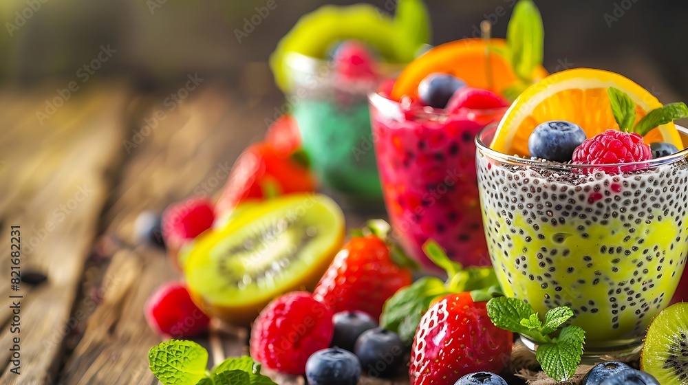 Colorful chia puddings with fresh fruits no sugar dessert on wooden table Colorful chia puddings with fresh fruits no sugar dessert on wooden table