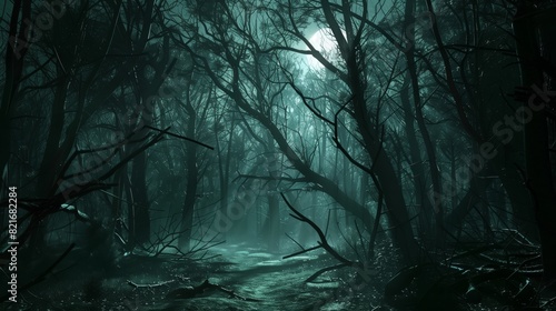 A thrilling chase unfolds in a dark forest at night  moonlight casting eerie shadows  branches snapping.