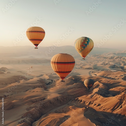 Hot air balloons flying over the desert at sunrise