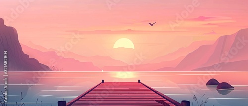 an illustration of Wooden pier on the lake at sunset. Beautiful summer landscape, Small boat dock and beautiful sunset landscape view with a huge lake, AI Generated