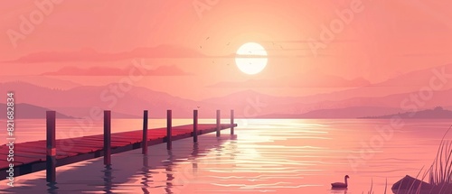 an illustration of Wooden pier on the lake at sunset. Beautiful summer landscape, Small boat dock and beautiful sunset landscape view with a huge lake, AI Generated