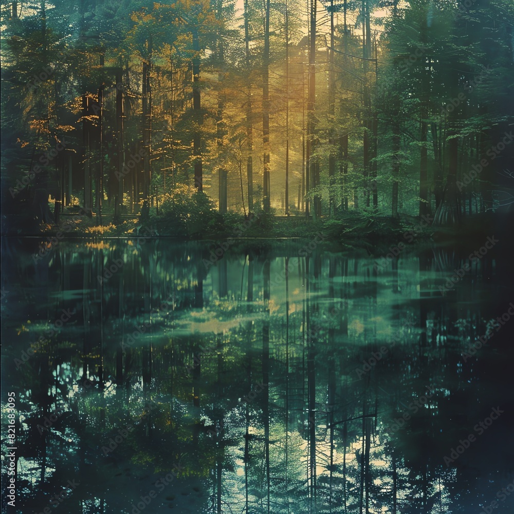 Mystical foggy forest with a lake.