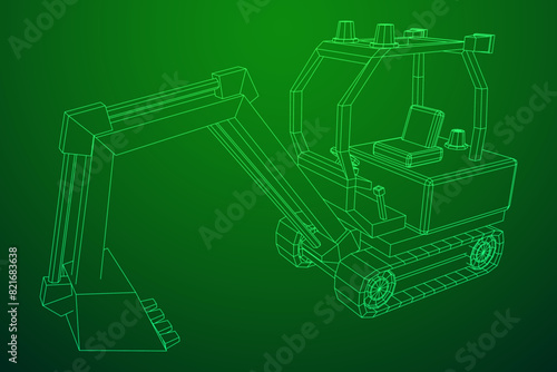 Heavy equipment excavator machine manufacturing power equipment for open pit mining. Wireframe low poly mesh vector illustration