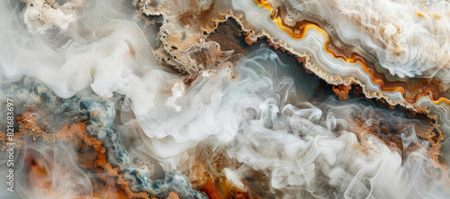 Abstract marble texture with rusty metal and white smoke photo