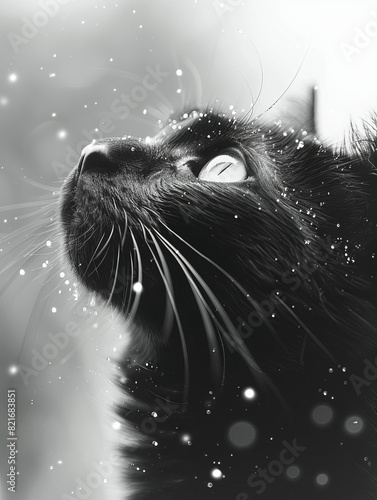 Black cat looking up, snow falling, monochrome.