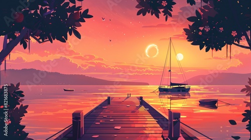 an illustration of Wooden pier on the lake at sunset. Beautiful summer landscape, Small boat dock and beautiful sunset landscape view with a huge lake, AI Generated