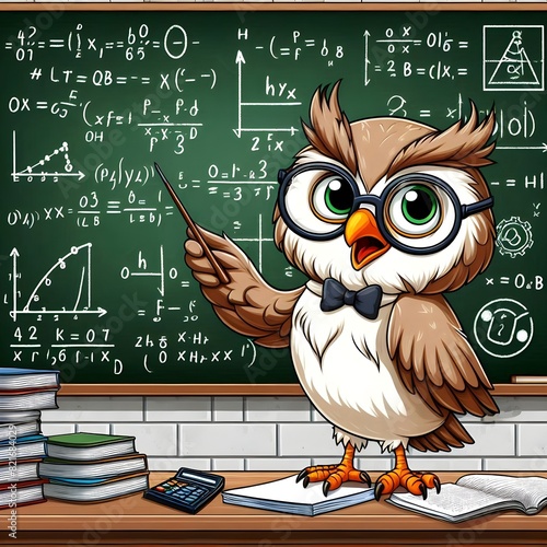 Cartoon owl professor in a classroom, wearing glasses and pointing to a chalkboard filled with complex equations