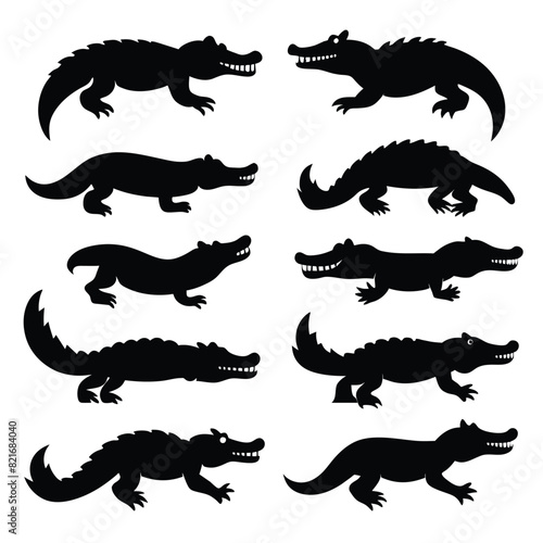 Set of Black American Alligator Silhouette Vector on a white background