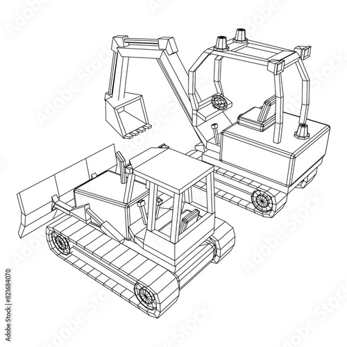 Heavy equipment excavator machine manufacturing power equipment for open pit mining. Wireframe low poly mesh vector illustration