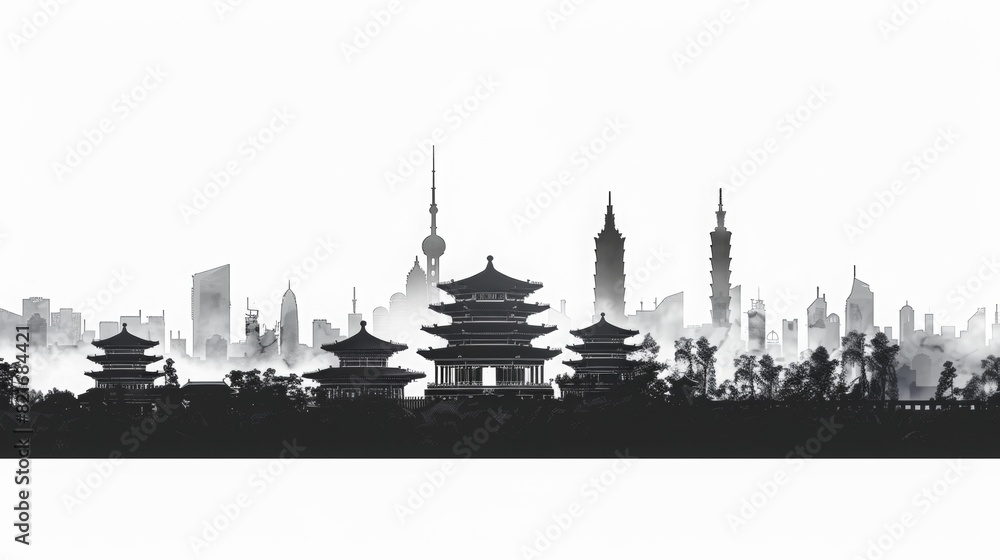 Naklejka premium Silhouettes of ancient and modern buildings in cities, with white background