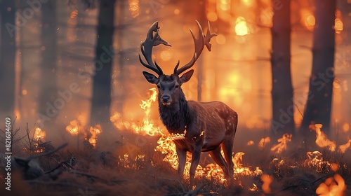 Deer burning forest wild animal concept