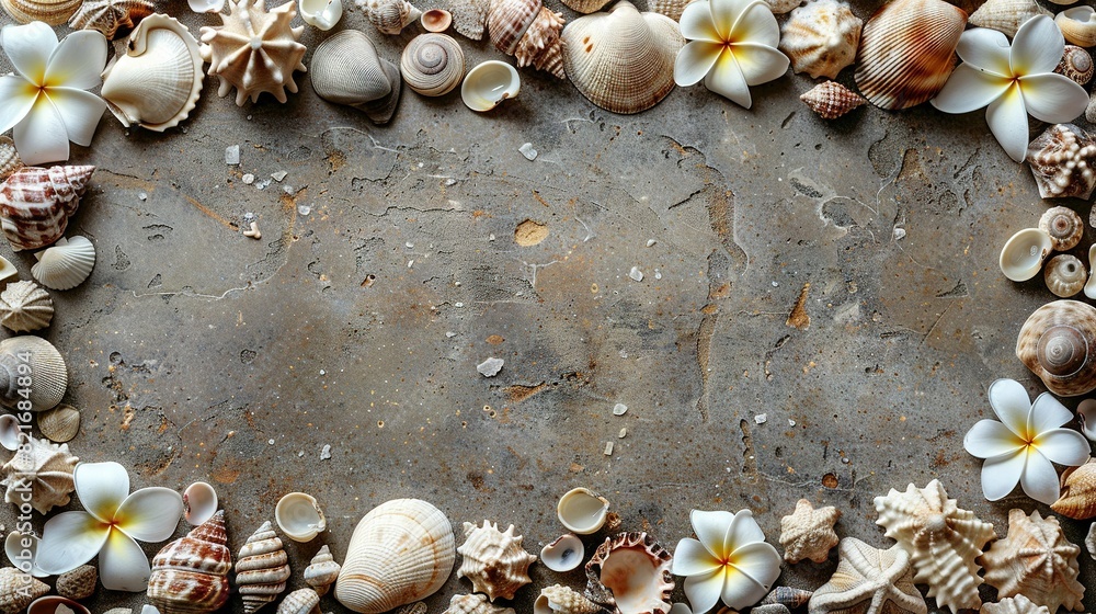 A circle of seashells and flowers on a stone surface with room for text optimization A circle of seashells and flowers on a stone surface with room for text optimization