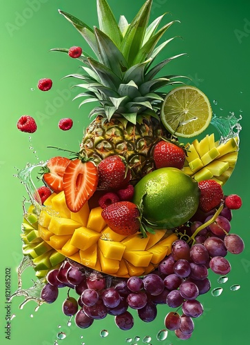 Splash Various Fruits with Green Background