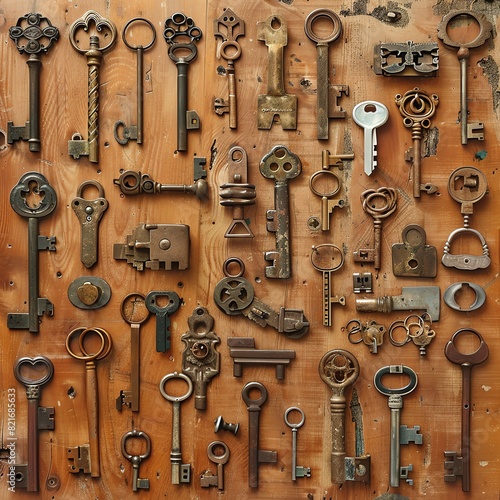 The image is of a collection of old keys of various sizes and shapes