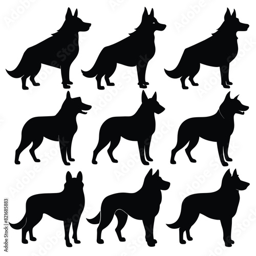 Set of Black American Alsatian Silhouette Vector on a white background