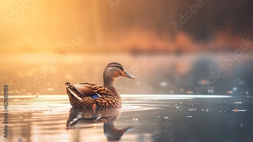 Duck swims in tranquil lake water photo