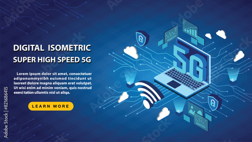 Digital Isometric Super High Speed 5G on blue background.