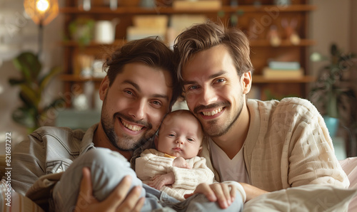 An LGBTQ+ couple holds their newborn baby with warm love for each other,Generative AI