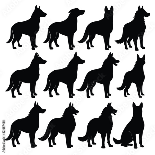 Set of Black American Alsatian Silhouette Vector on a white background