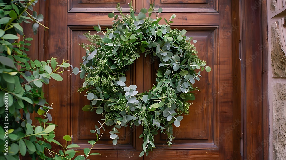 Fototapeta premium Hanging on flowers wood front door is displayed an easter wreath made of green foliage