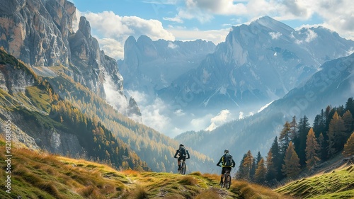 Two people are riding bikes on a mountain trail