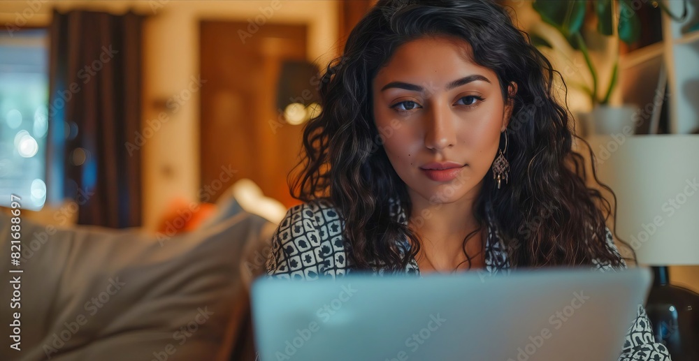A woman sitting on a couch looking at her laptop. A woman sitting on a couch looking at her laptop.