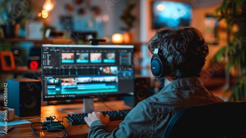 Man with headphones editing video on a computer in a cozy home office with blurred background lighting.