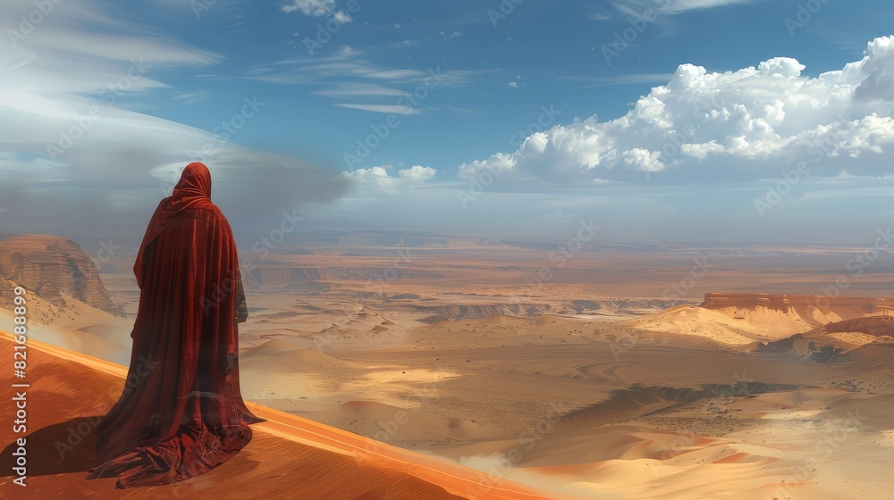 Person in Red Cape Standing on Hill Person in Red Cape Standing on Hill