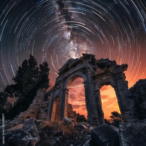 The photo shows the ancient ruins of a temple or other structure, with a starry night sky and a glowing orange sunset. photo